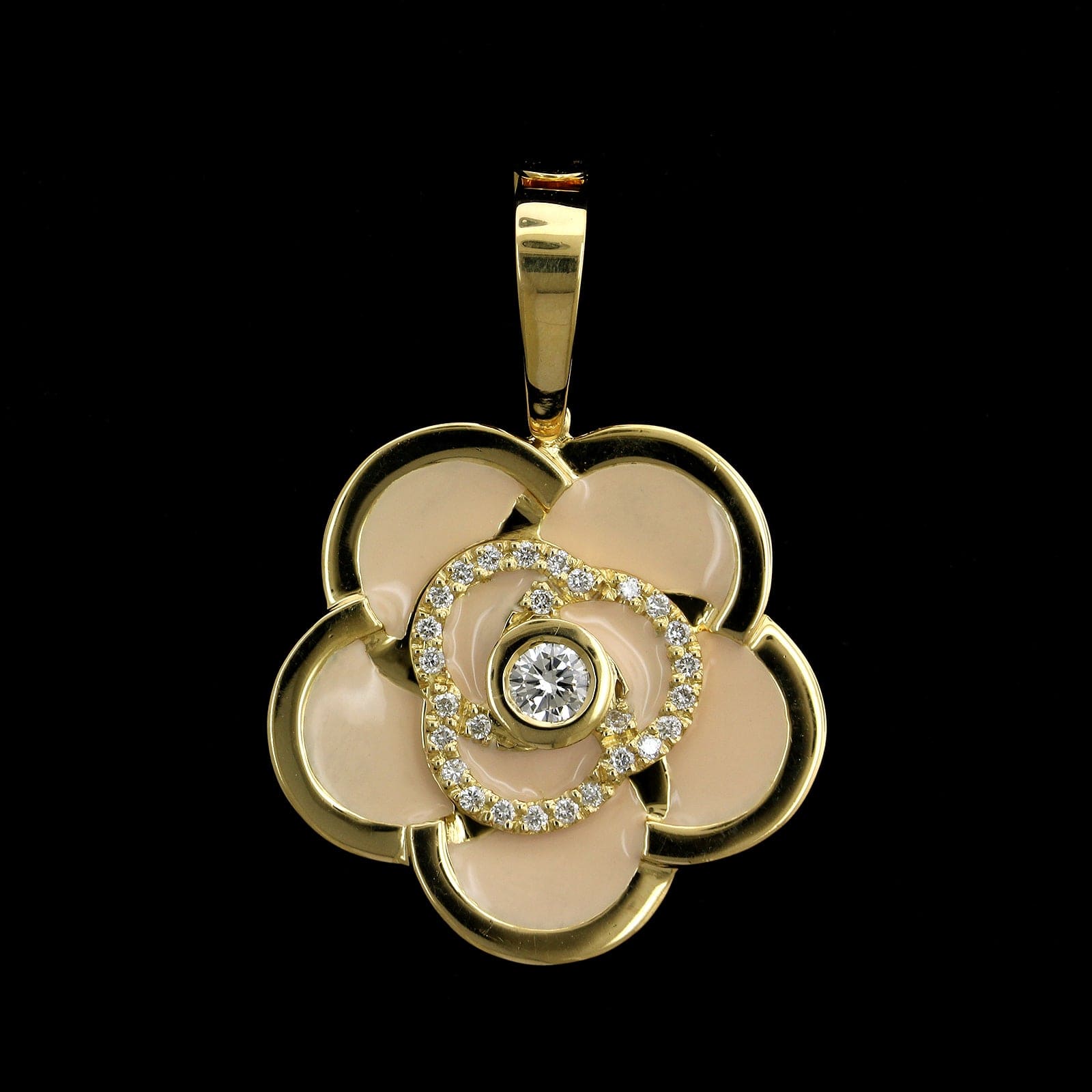 Estate Roberto Coin 18K Yellow Gold Enamel and Diamond Flower Pendant Enhancer