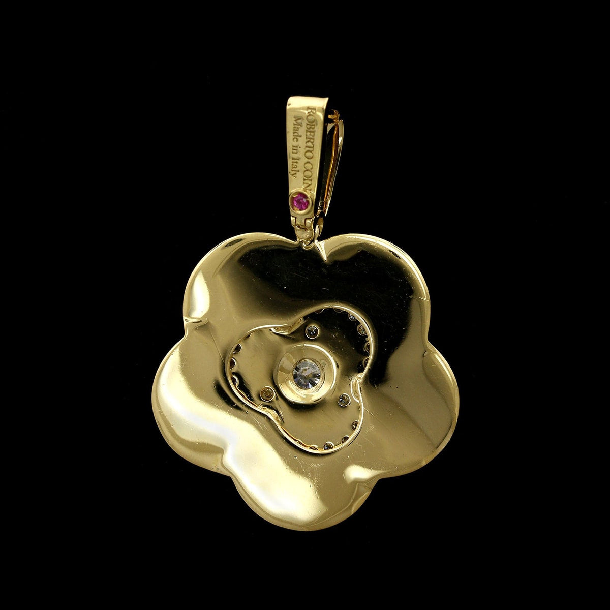 Estate Roberto Coin 18K Yellow Gold Enamel and Diamond Flower Pendant Enhancer
