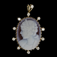 14K Yellow Gold Carnelian and Diamond Cameo Estate Pendant