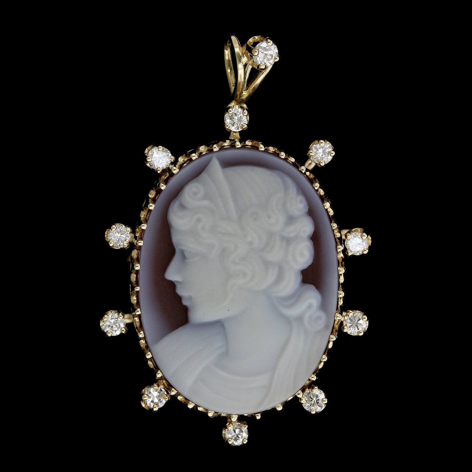 14K Yellow Gold Carnelian and Diamond Cameo Estate Pendant