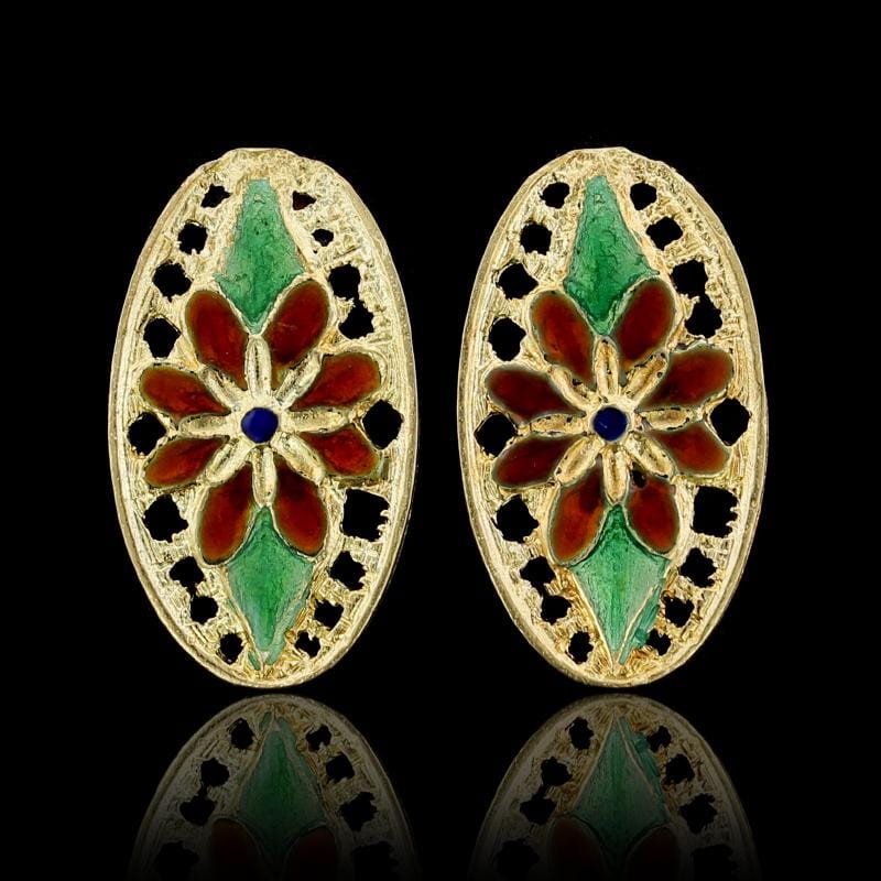 18K Yellow Gold Estate Enamel Flower Earrings