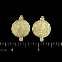 18K Yellow Gold Estate Athenian Owl Coin Replica Diamond Earrings