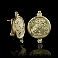 18K Yellow Gold Estate Athenian Owl Coin Replica Diamond Earrings