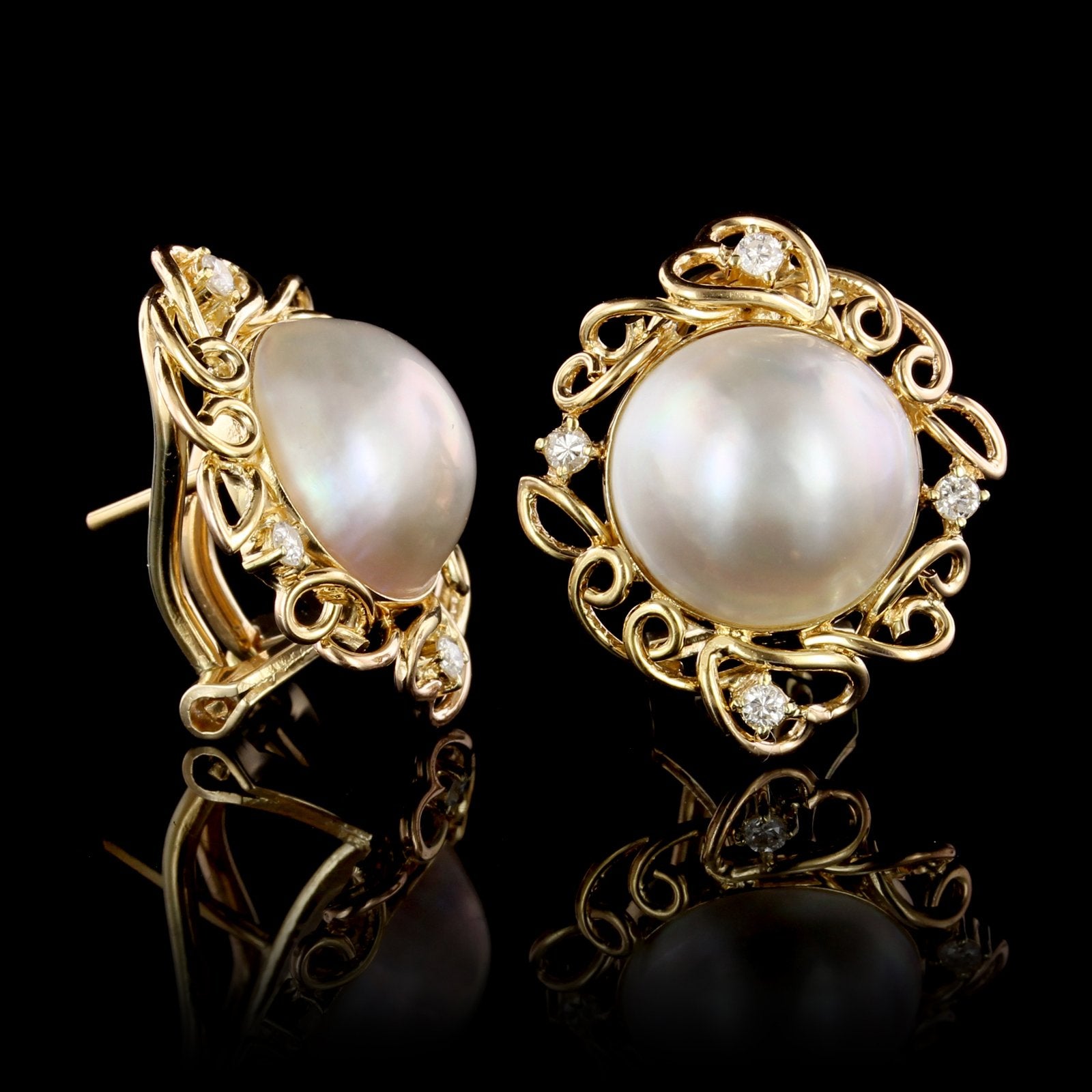 14K Yellow Gold Cultured Mabe Pearl and Diamond Earrings