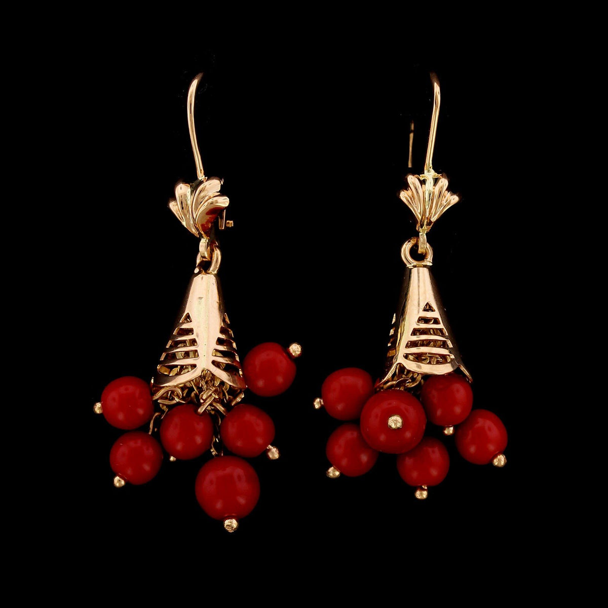 14K Rose Gold Estate Red Bead Earrings
