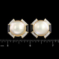 14K Yellow Gold Estate Cultured Mabe Pearl Onyx and Diamond Earrings