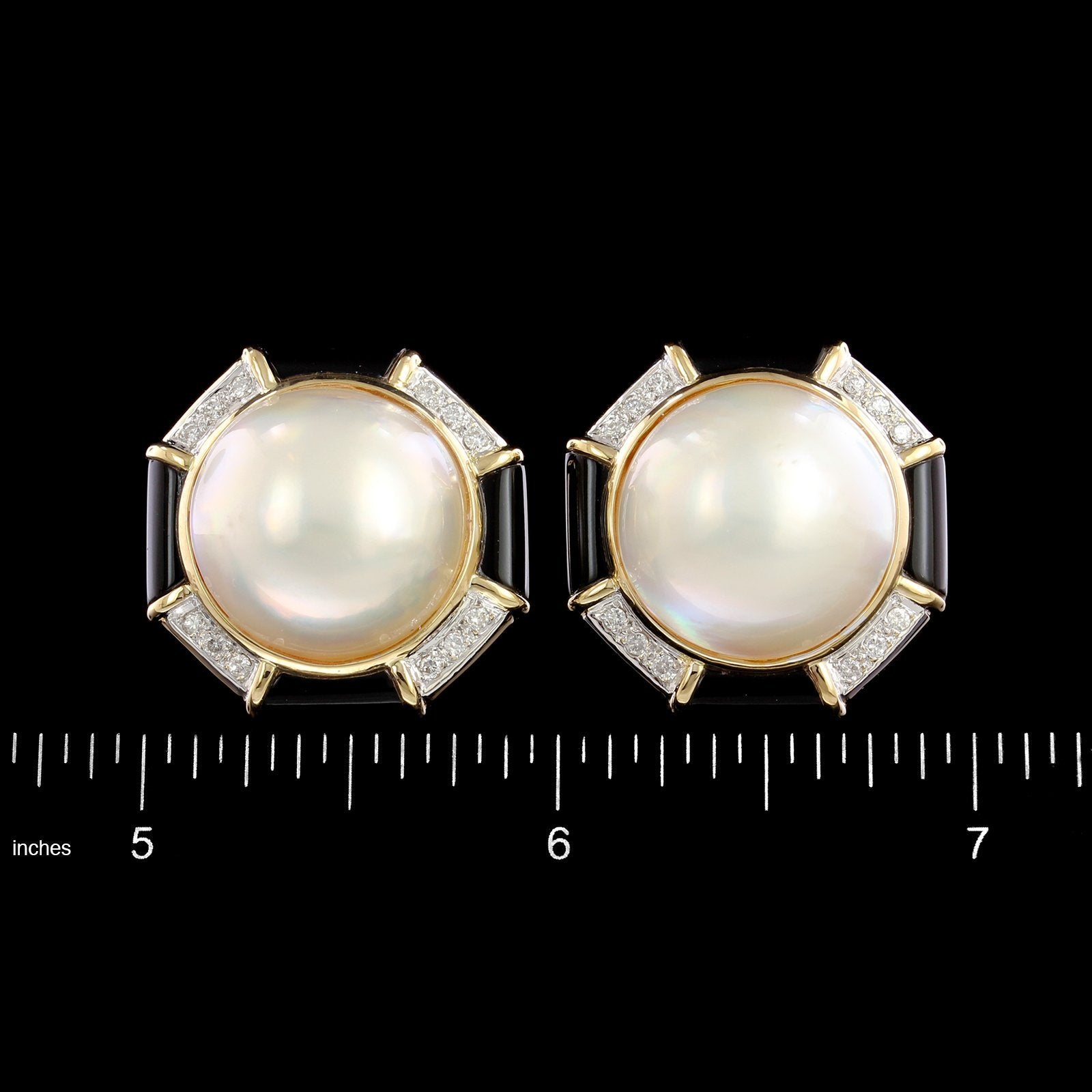 14K Yellow Gold Estate Cultured Mabe Pearl Onyx and Diamond Earrings