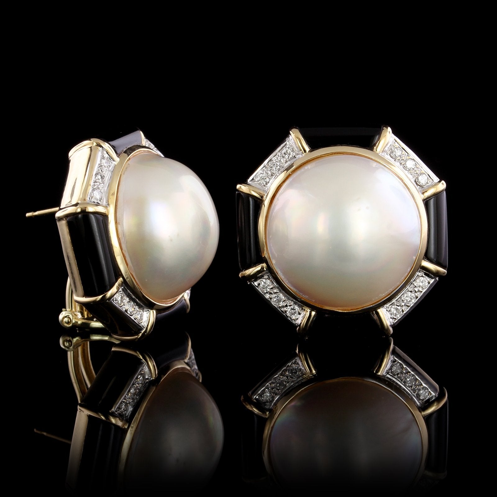 14K Yellow Gold Estate Cultured Mabe Pearl, Onyx and Diamond Earrings