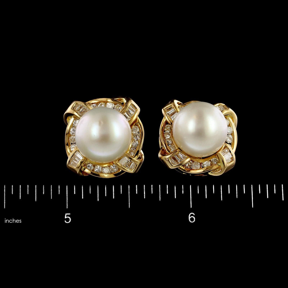 18K Yellow Gold Estate Cultured South Sea Pearl and Diamond Earrings