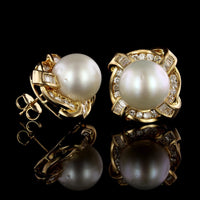 18K Yellow Gold Estate Cultured South Sea Pearl and Diamond Earrings