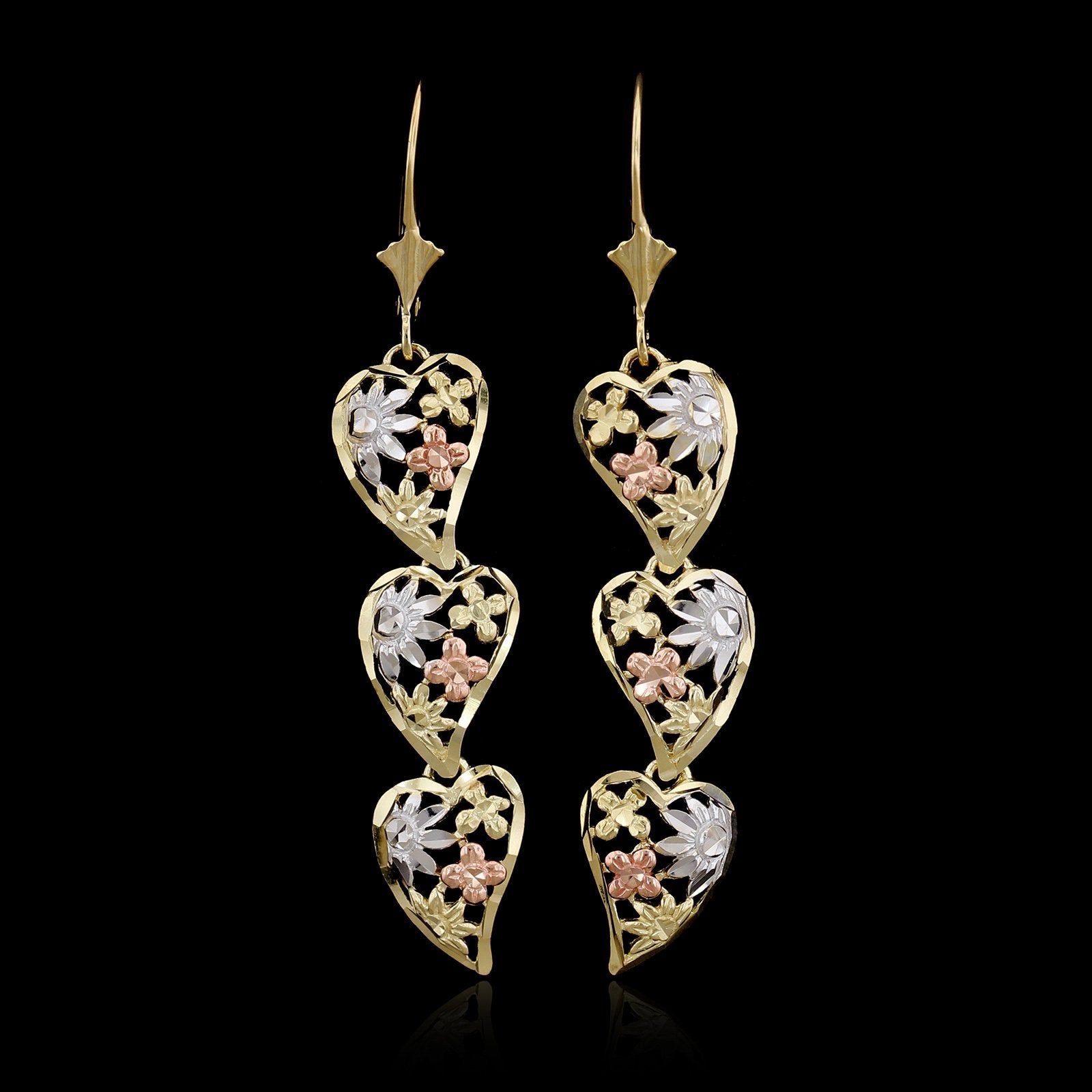 14K Tricolor Gold Estate Heart Drop Earrings