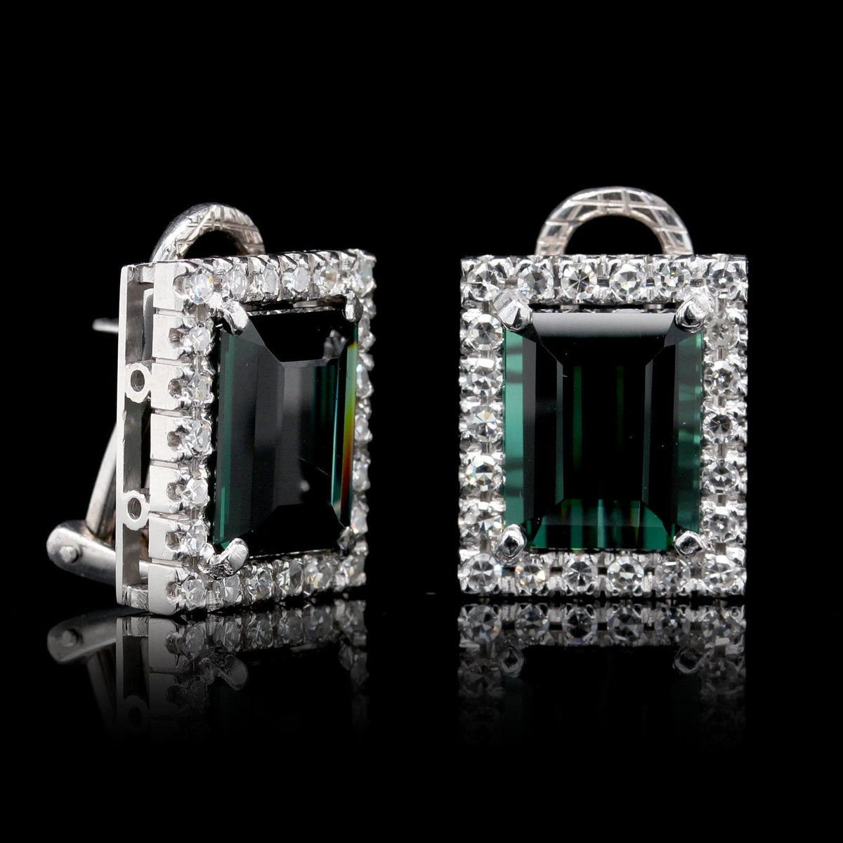 18K White Gold Estate Green Tourmaline and Diamond Earrings