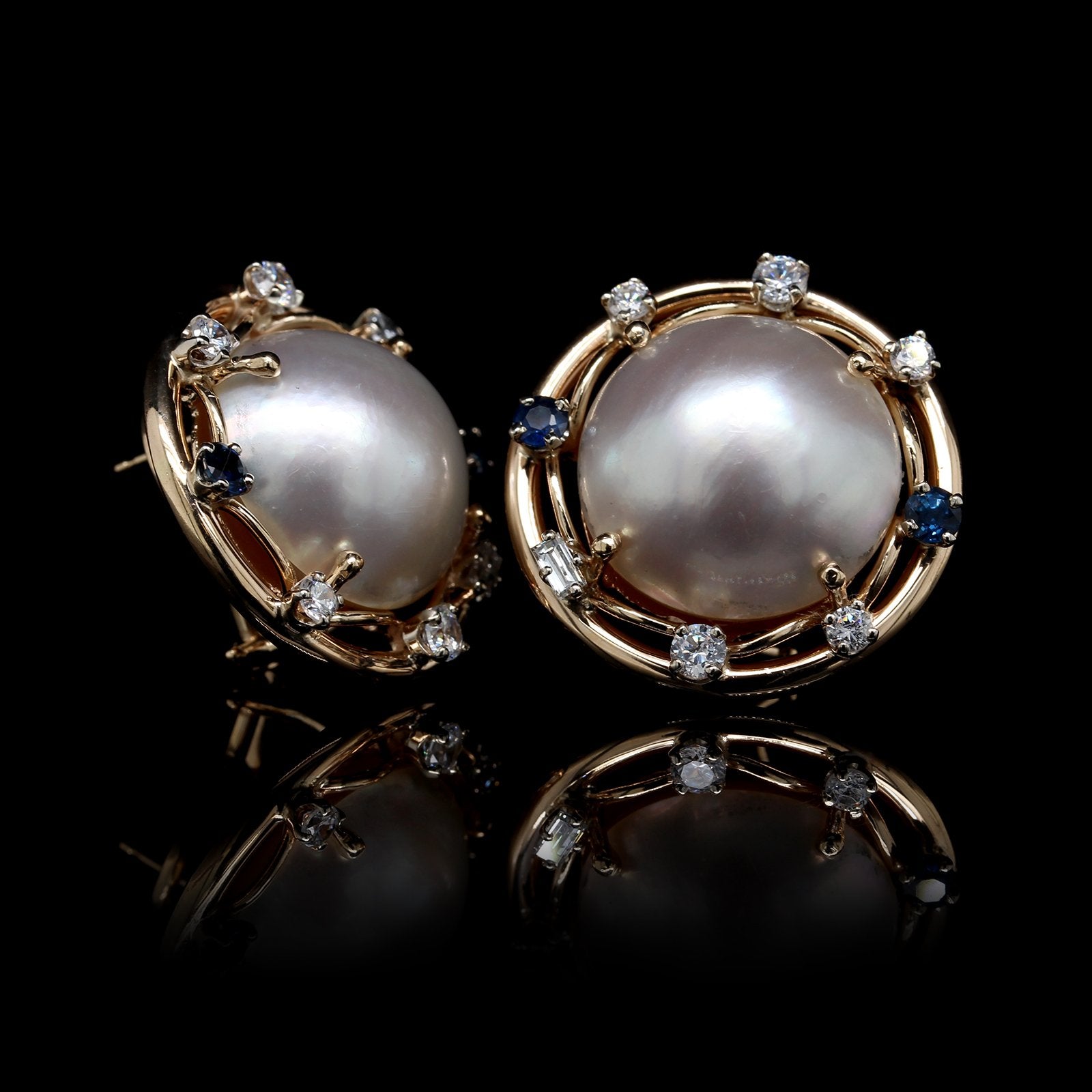 14K Yellow Gold Estate Cultured Mabe Pearl, Sapphire and Diamond Earrings