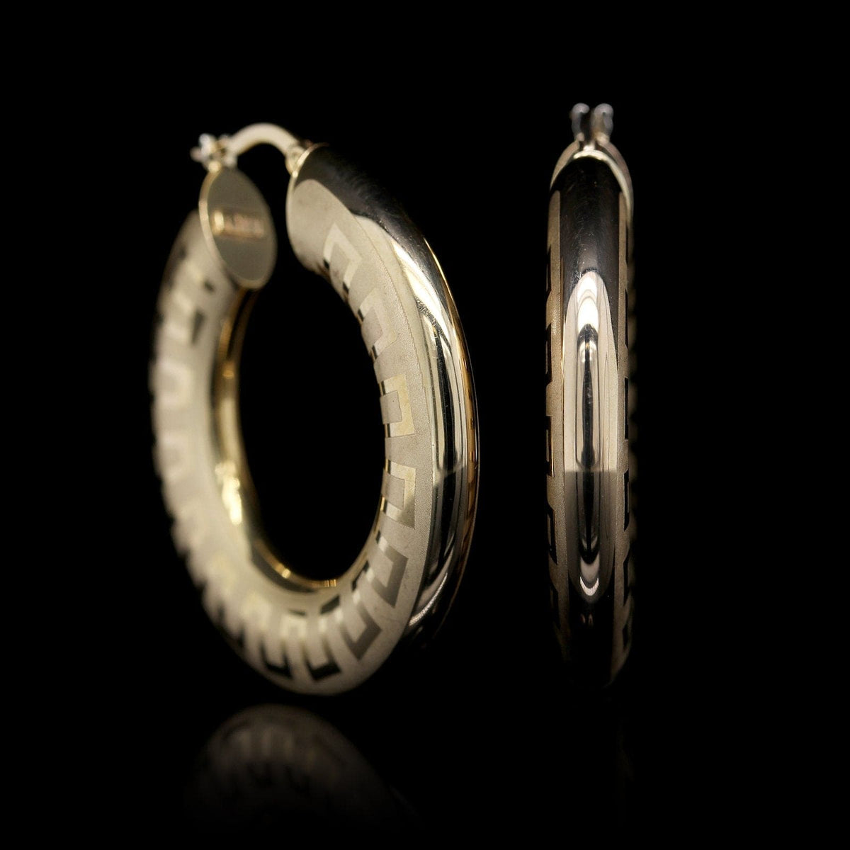 14K Yellow Gold Estate Greek Key Hoop Earrings