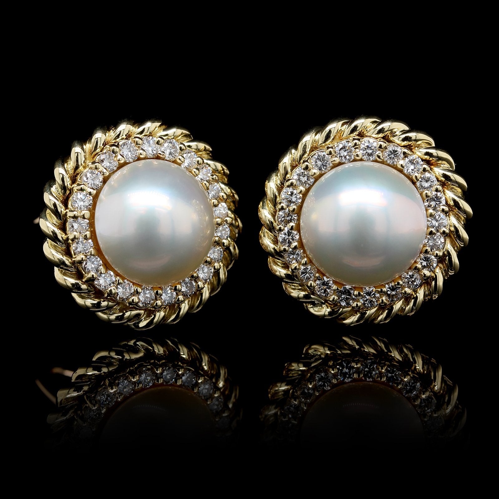 18K Yellow Gold Estate Cultured Mabe Pearl and Diamond Earrings