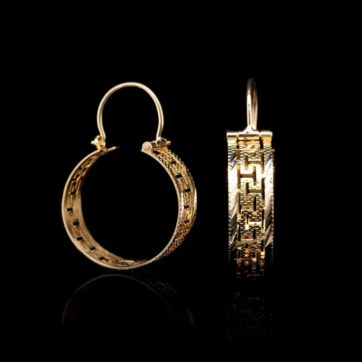 14K Yellow Gold Estate Greek Key Hoop Earrings