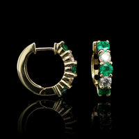 18K Yellow Gold Estate Emerald and Diamond Hoops