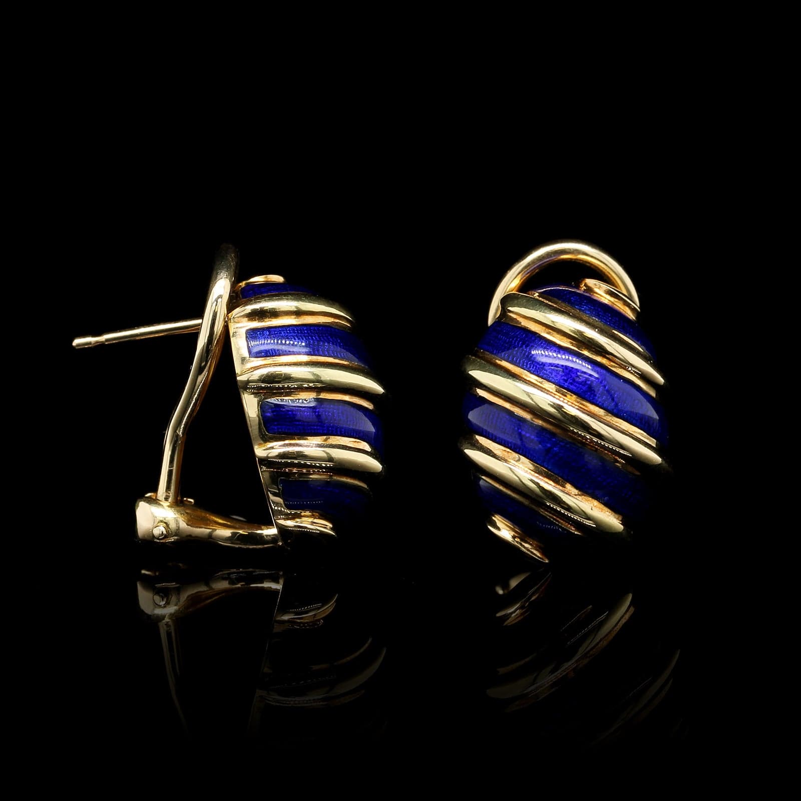 Tiffany & Co. Schlumberger 18K Yellow Gold Estate Blue Enamel Olive Earrings