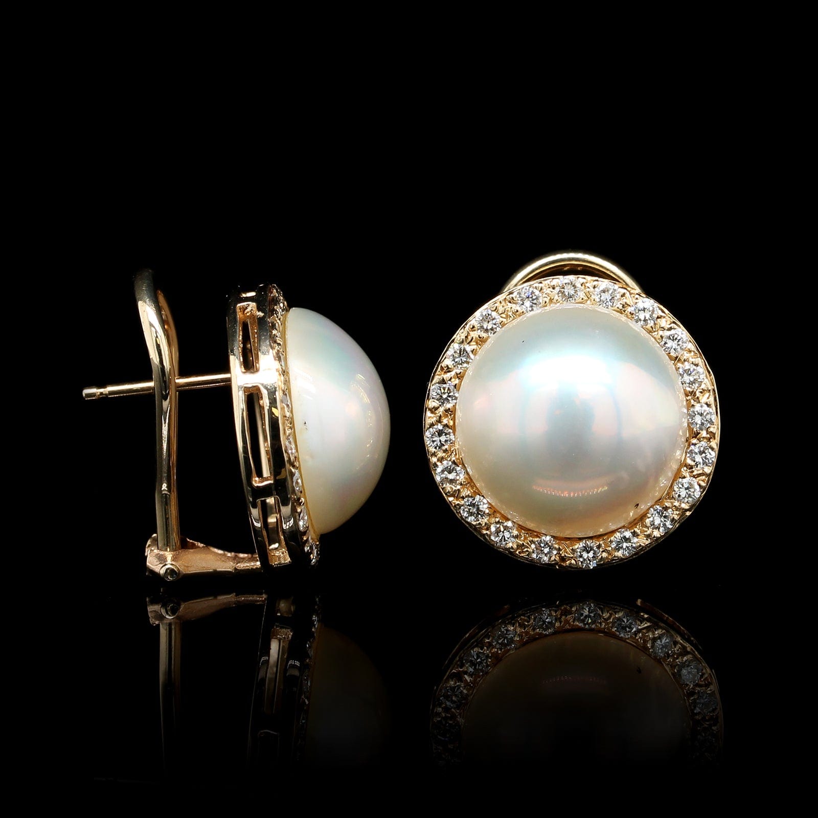 14K Yellow Gold Estate Cultured Mabe Pearl and Diamond Earrings