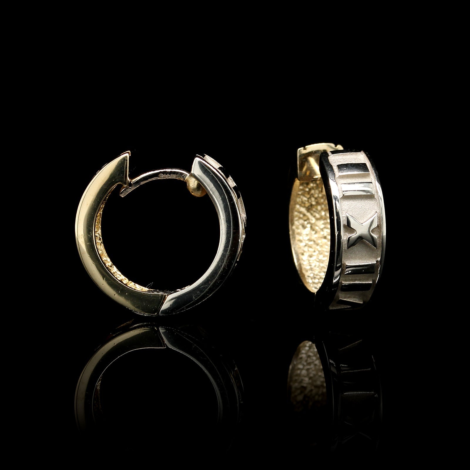 14K Two-tone Gold Estate Roman Numeral Reversable Hoops, 14k yellow and white gold, Long's Jewelers