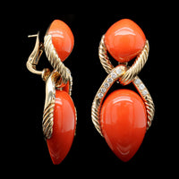 18K Yellow Gold Estate Coral and Diamond Earrings, France