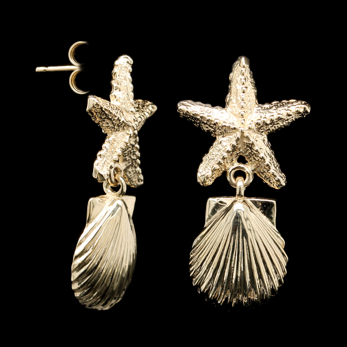 14K Yellow Gold Estate Starfish and Seashell Earrings