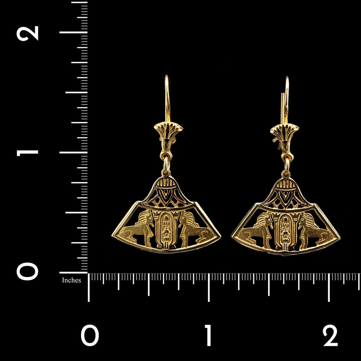 18K Yellow Gold Estate Egyptian Hieroglyphic Cartouche Drop Earrings