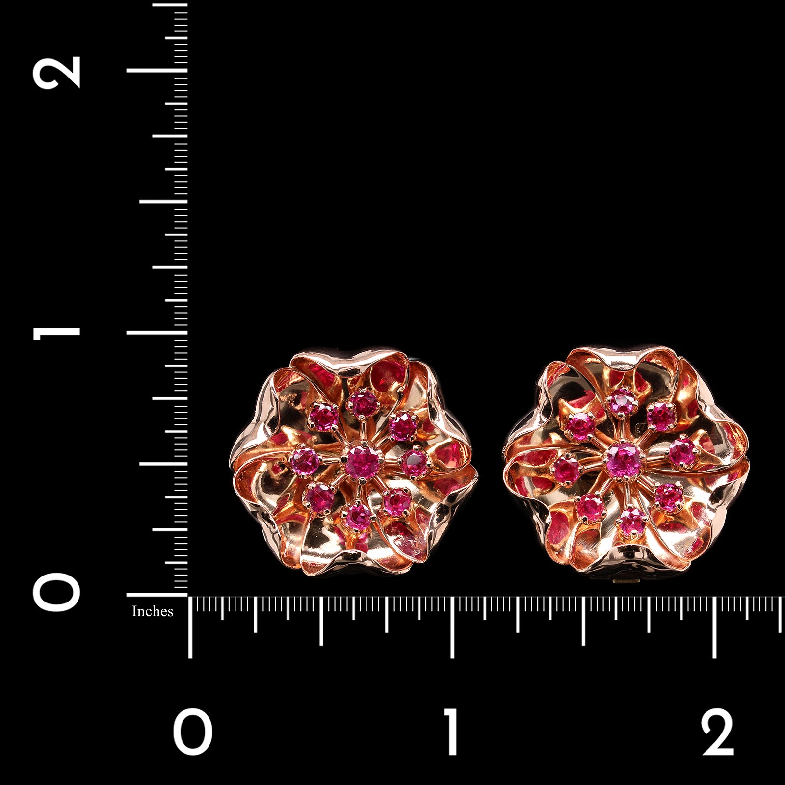 14K Rose Gold Estate Ruby Flower Earrings