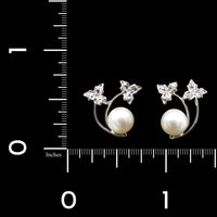 14K White Gold Estate Cultured Pearl and Diamond Earrings