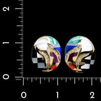 14K Yellow Gold Gemstone Inlay Diamond Estate Earrings