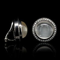 18K White Gold Estate Black Rhodium Moonstone and Diamond Earrings