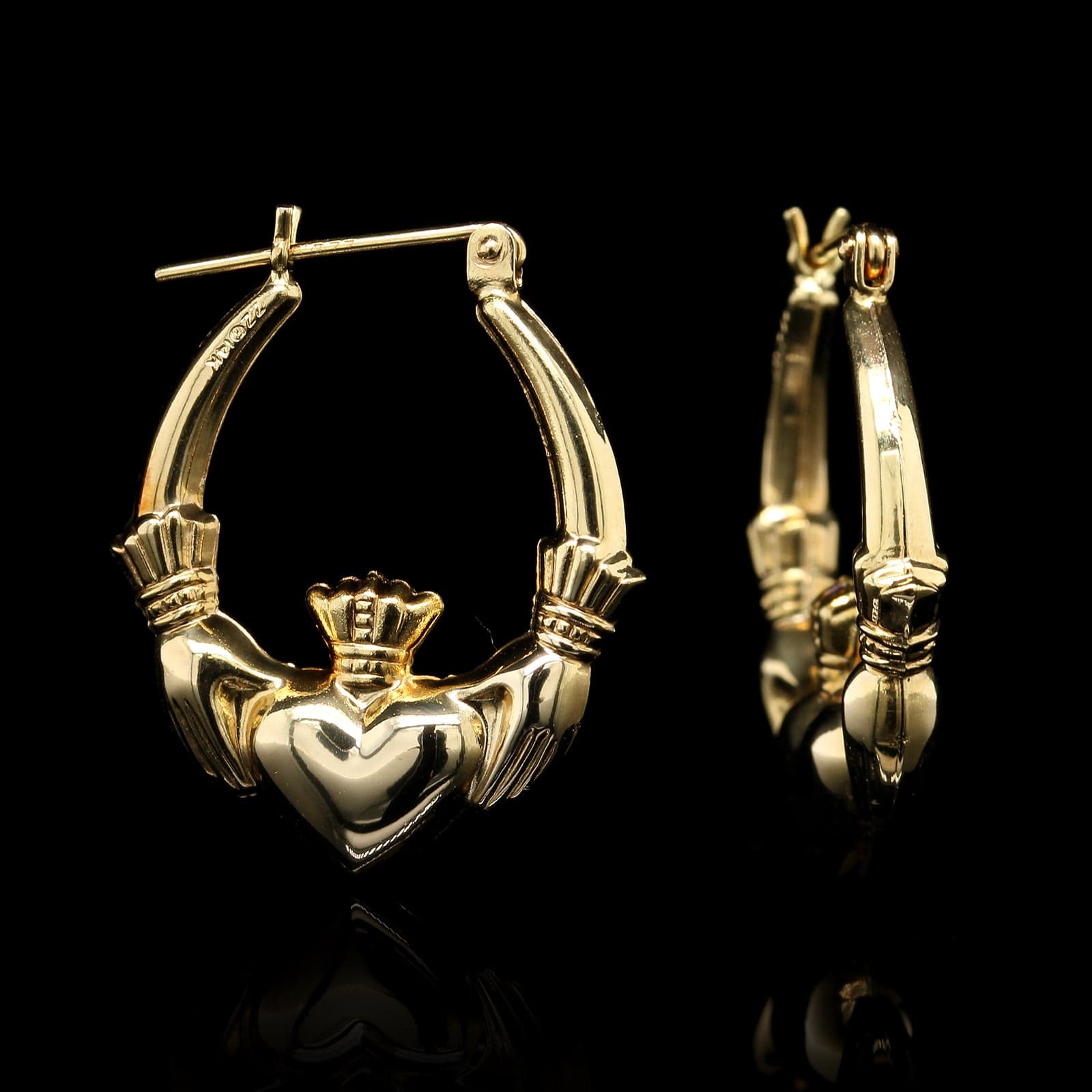 14K Yellow Gold Estate Claddagh Hoop Earrings