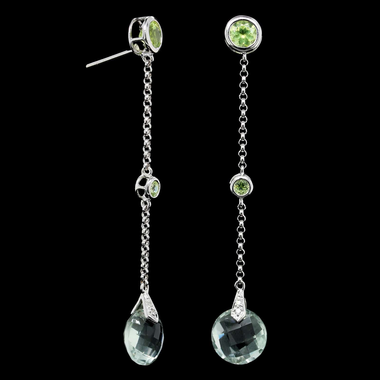 18K White Gold Estate Prasiolite, Peridot and Diamond Drop Earrings