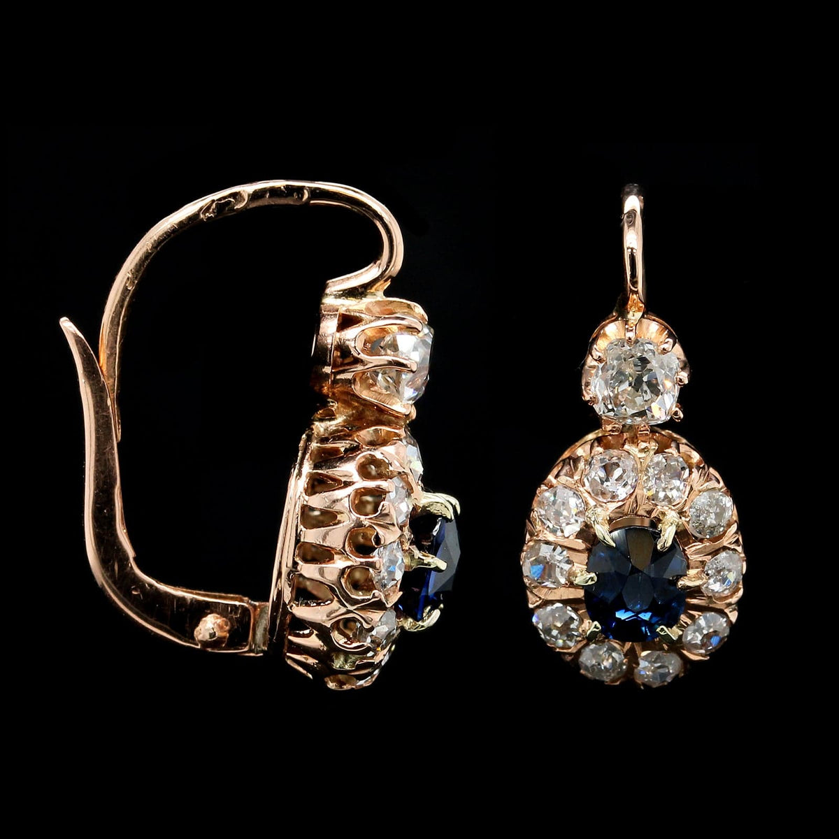 Vintage 14K Rose Gold Estate Sapphire and Diamond Earrings