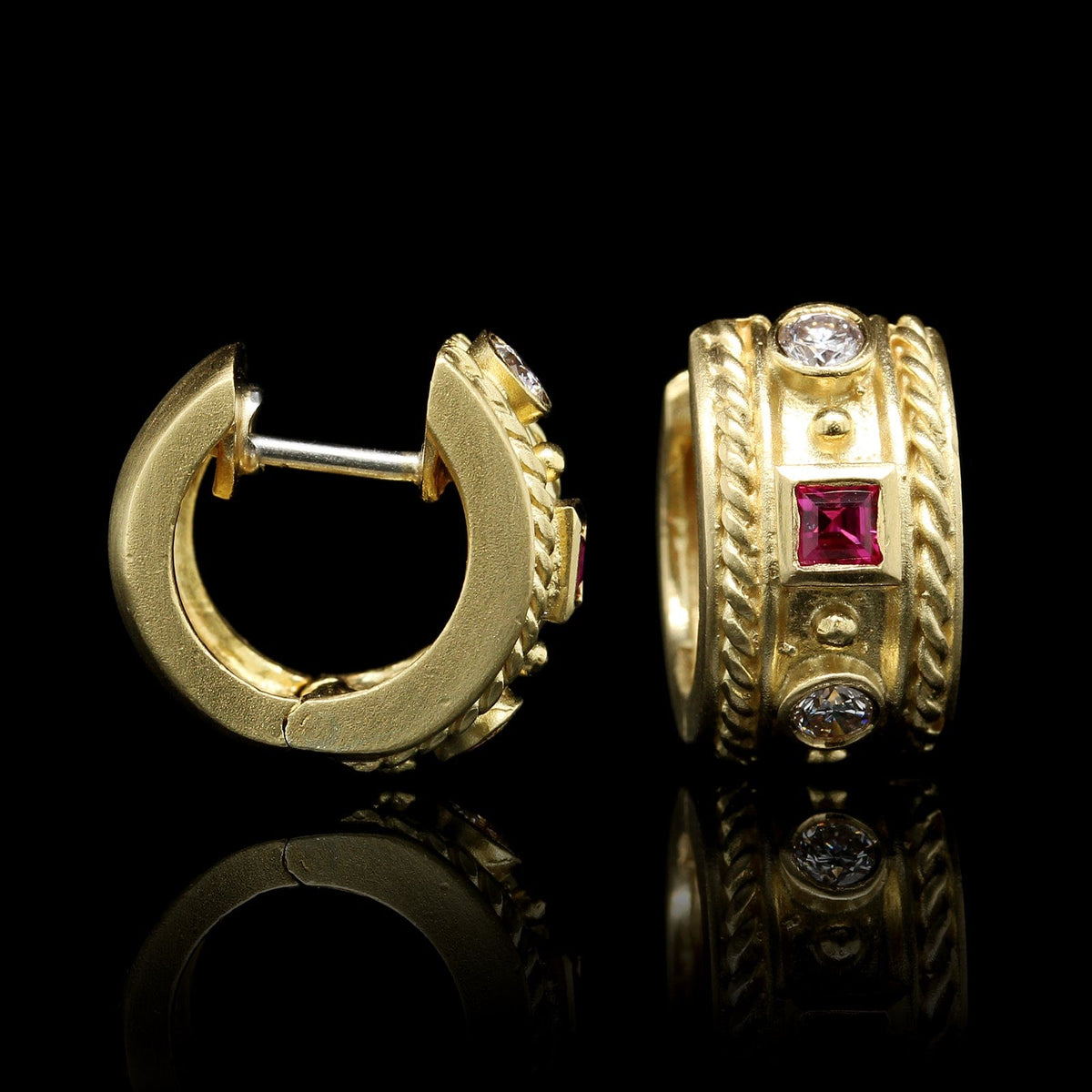 18K Yellow Gold Estate Ruby and Diamond Hoop Earrings