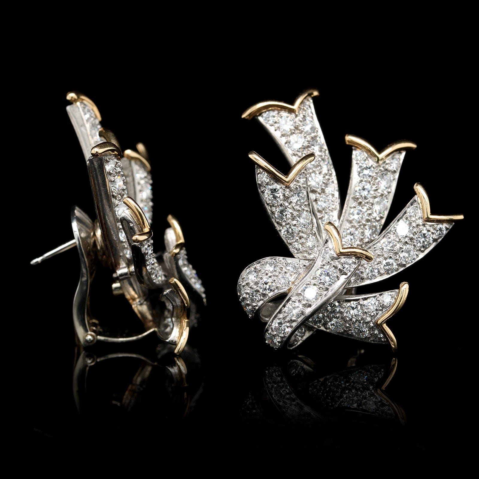 Tiffany & Co., Schlumbeger 18K Yellow Gold Estate and Platinum Diamond Ribbon Earrings