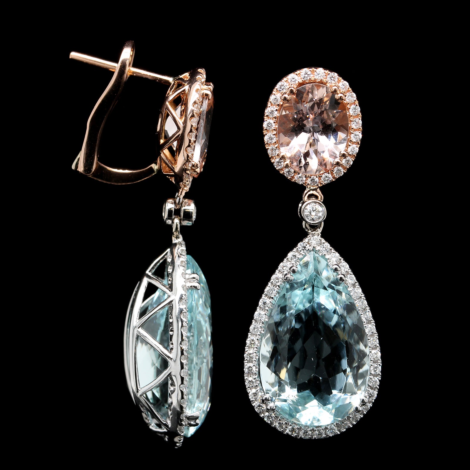 18K Rose and White Gold Estate Aquamarine, Morganite and Diamond Earrings