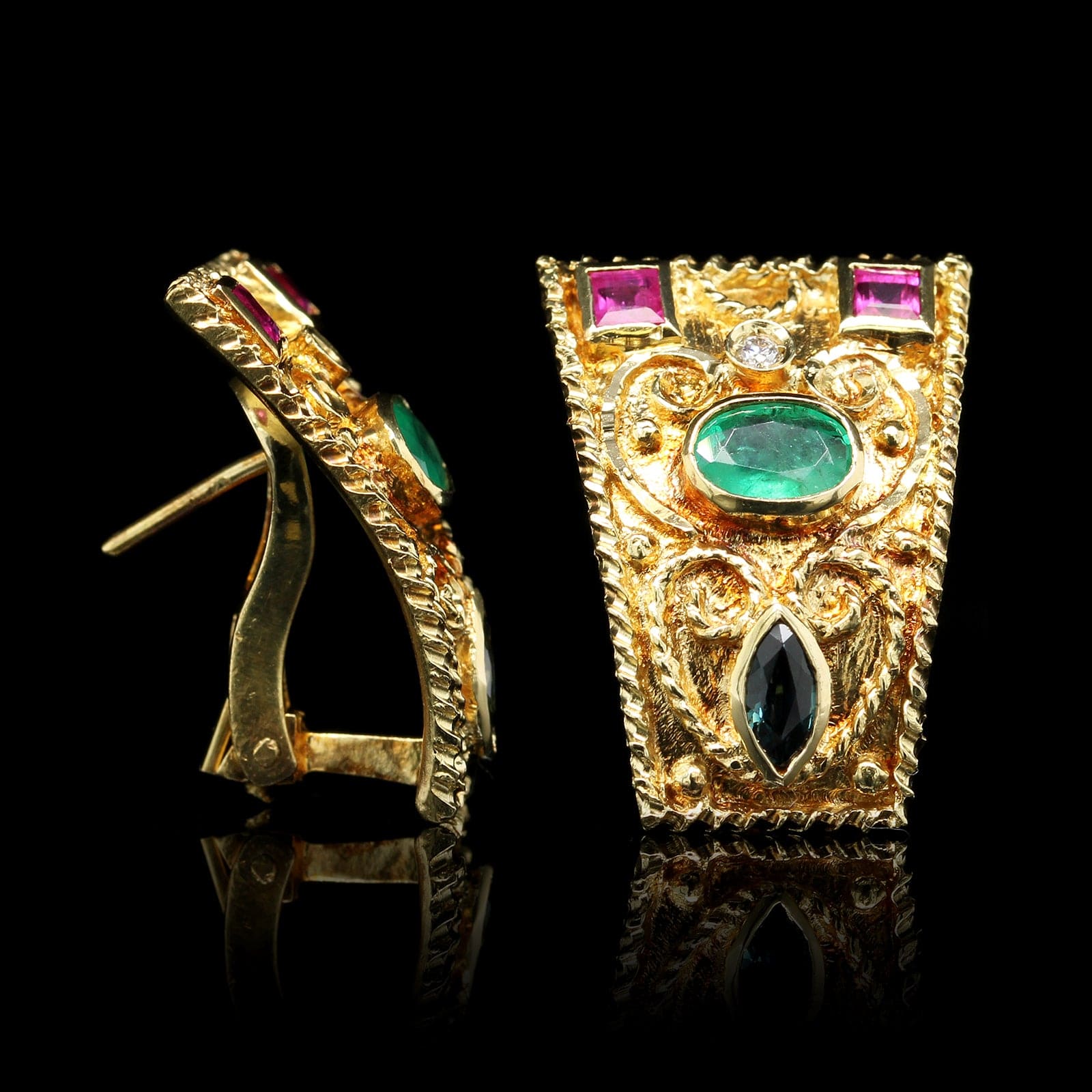 18K Yellow Gold Estate Gem Set and Diamond Earring
