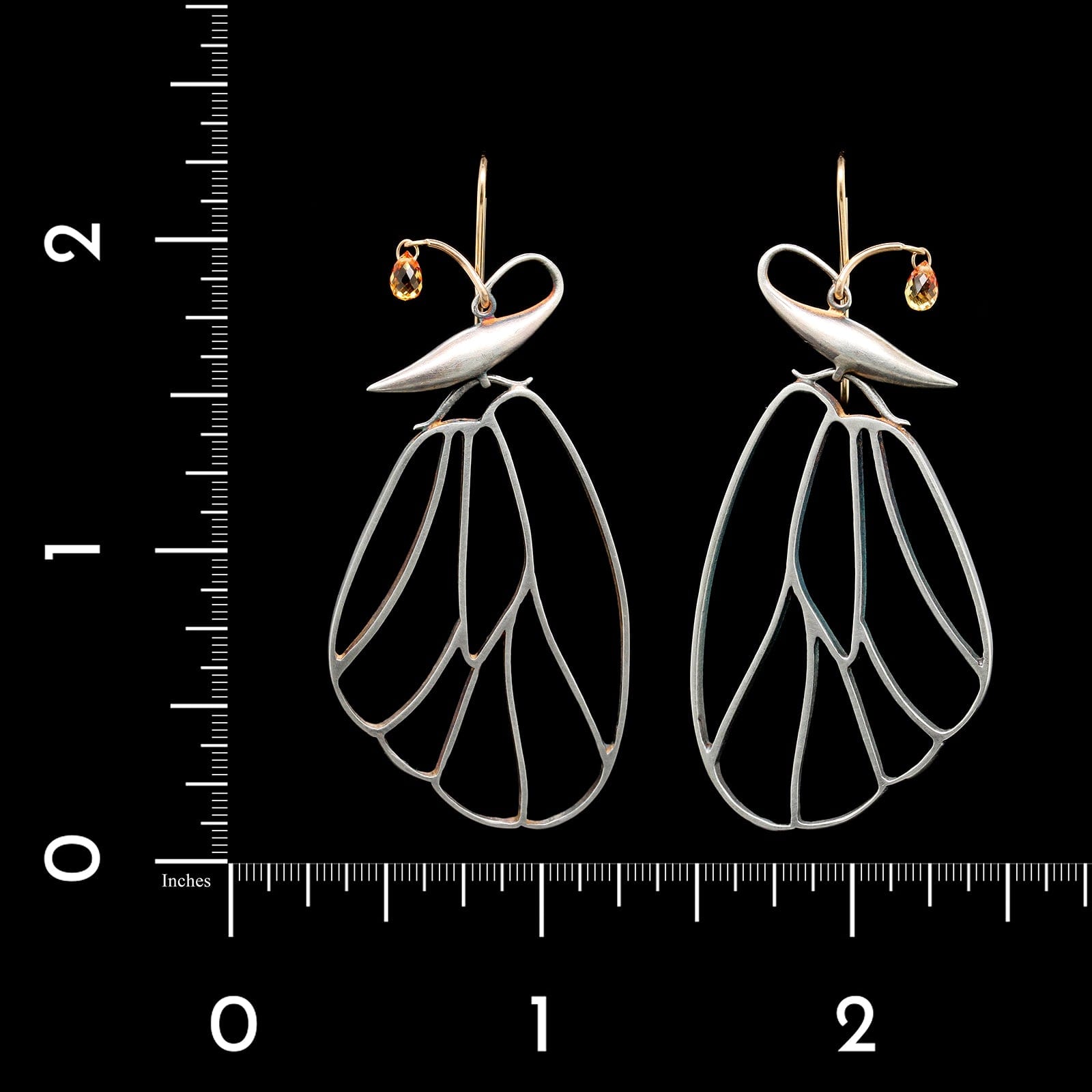 Gabriella Kiss Sterling Silver Estate Orange Sapphire Butterfly Cell Wing Earrings