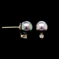 14K Yellow Gold Estate Cultured Black Pearl and Diamond Earrings