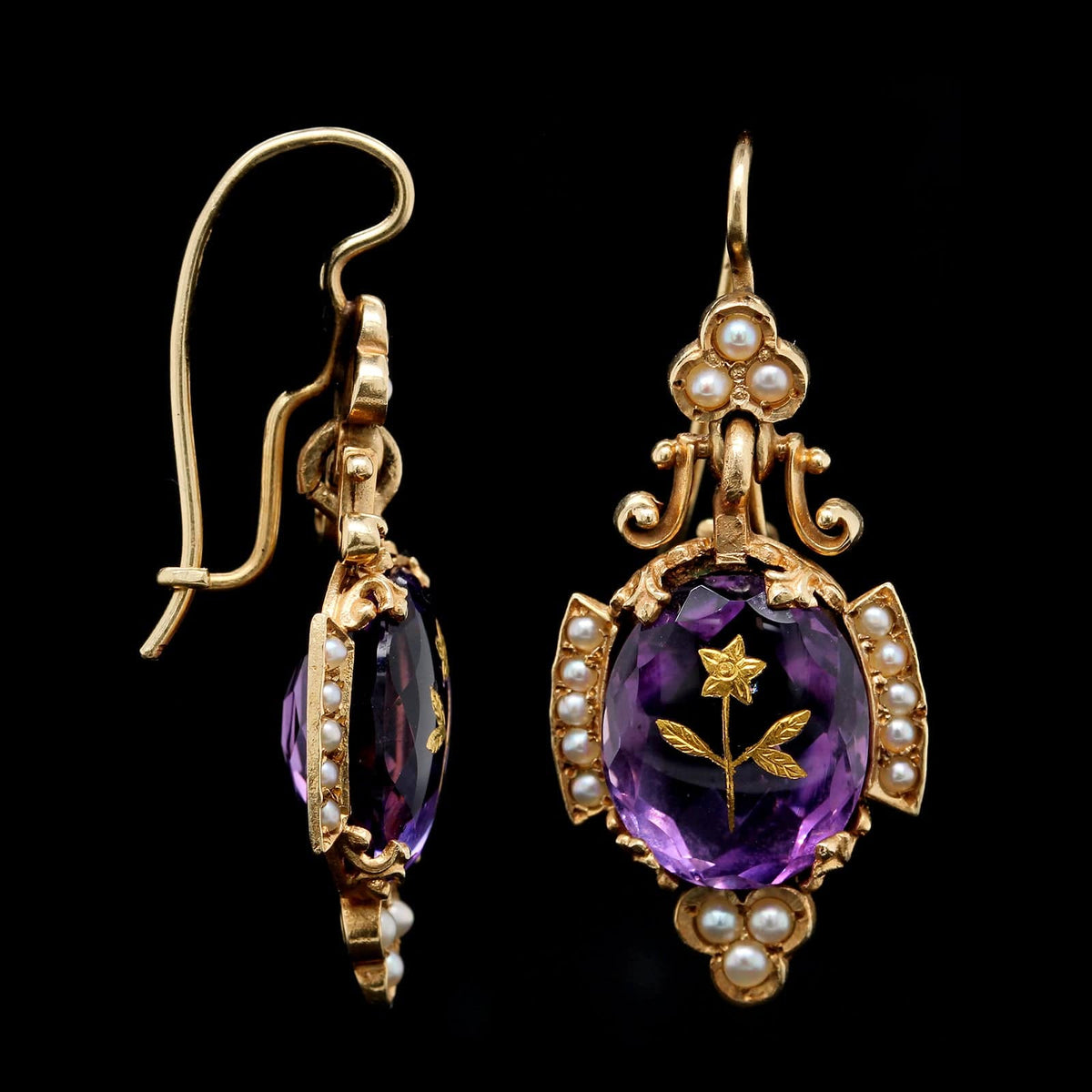 Vintage 14K Yellow Gold Estate Amethyst and Seed Pearl Earrings