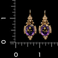 Vintage 14K Yellow Gold Estate Amethyst and Seed Pearl Earrings