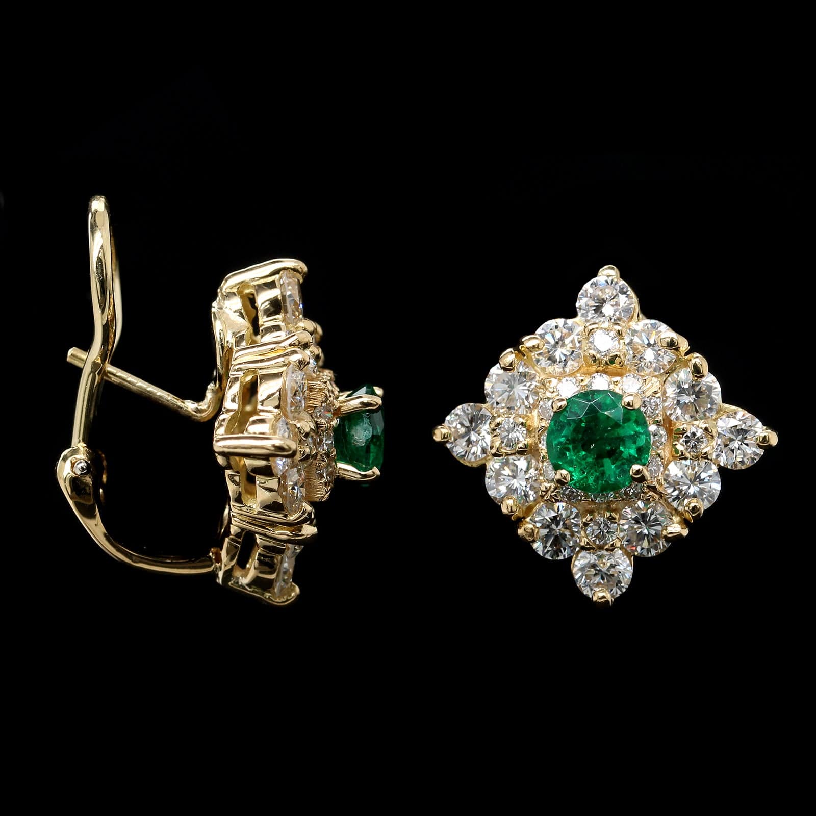 18K Yellow Gold Estate Emerald and Diamond Earrings