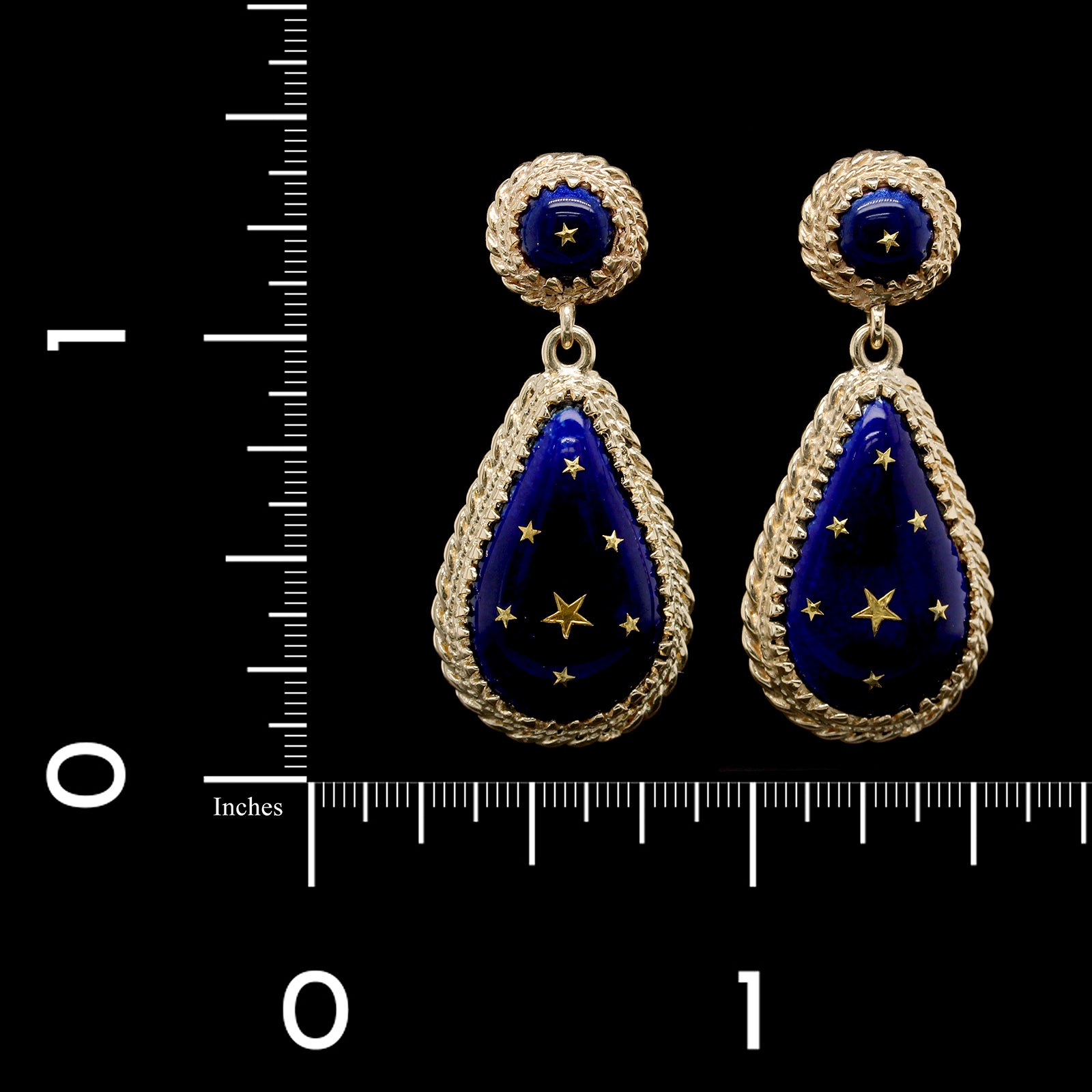14K Yellow Gold Estate Blue Enamel Star Drop Earrings