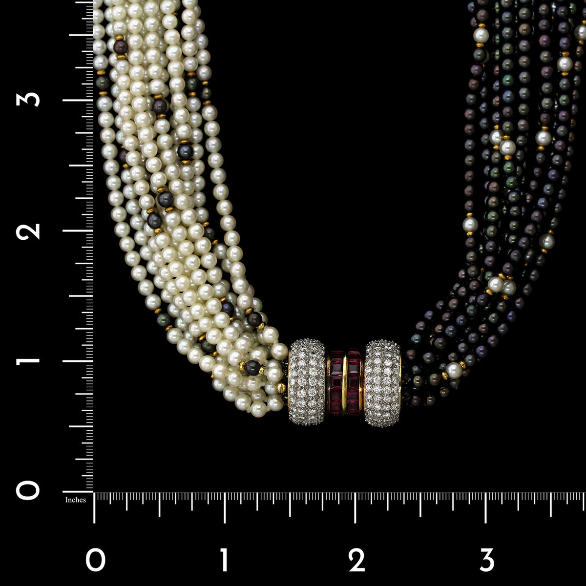 18K Gold Estate Pearl, Ruby and Diamond Necklace