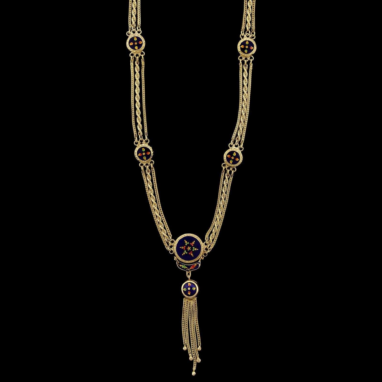 19K Yellow Gold Estate Enamel Tassel Reversible Necklace