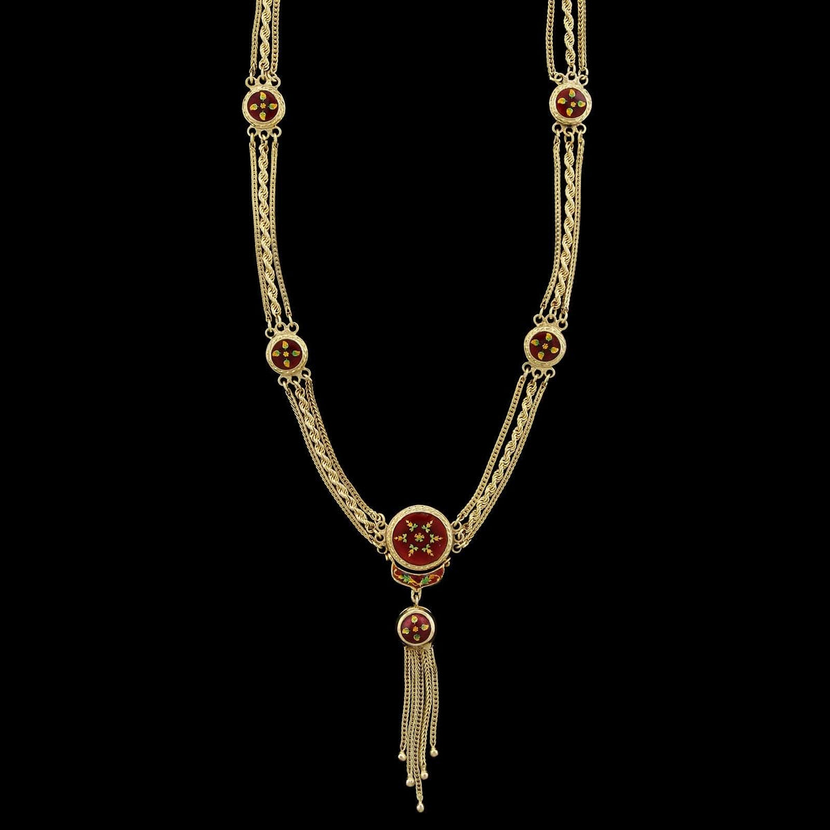 19K Yellow Gold Enamel Tassel Reversable Necklace