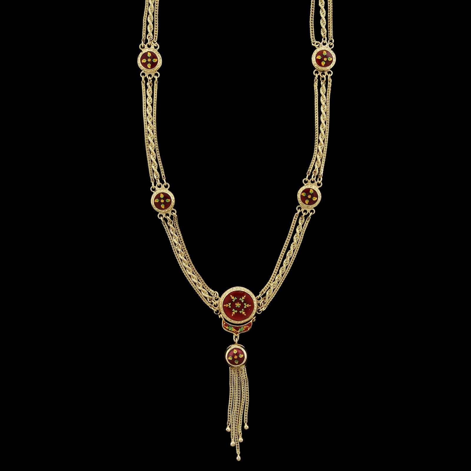 19K Yellow Gold Enamel Tassel Reversable Necklace