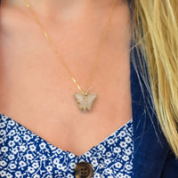 14K Yellow Gold Estate Carved Crystal and Diamond Butterfly Pendant