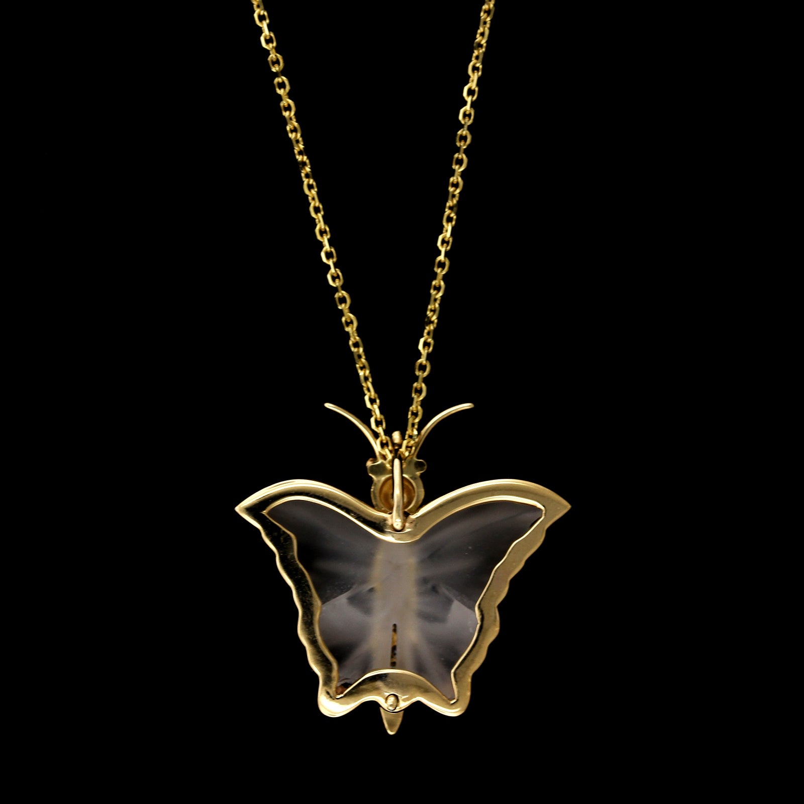 14K Yellow Gold Estate Carved Crystal and Diamond Butterfly Pendant